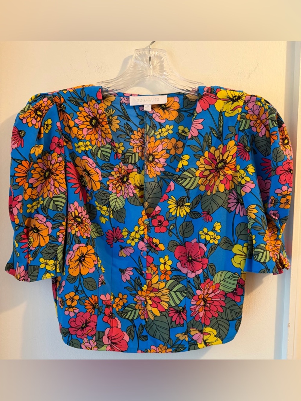 Sugarlips Bright Blue Multicolor Floral V-Neck Top